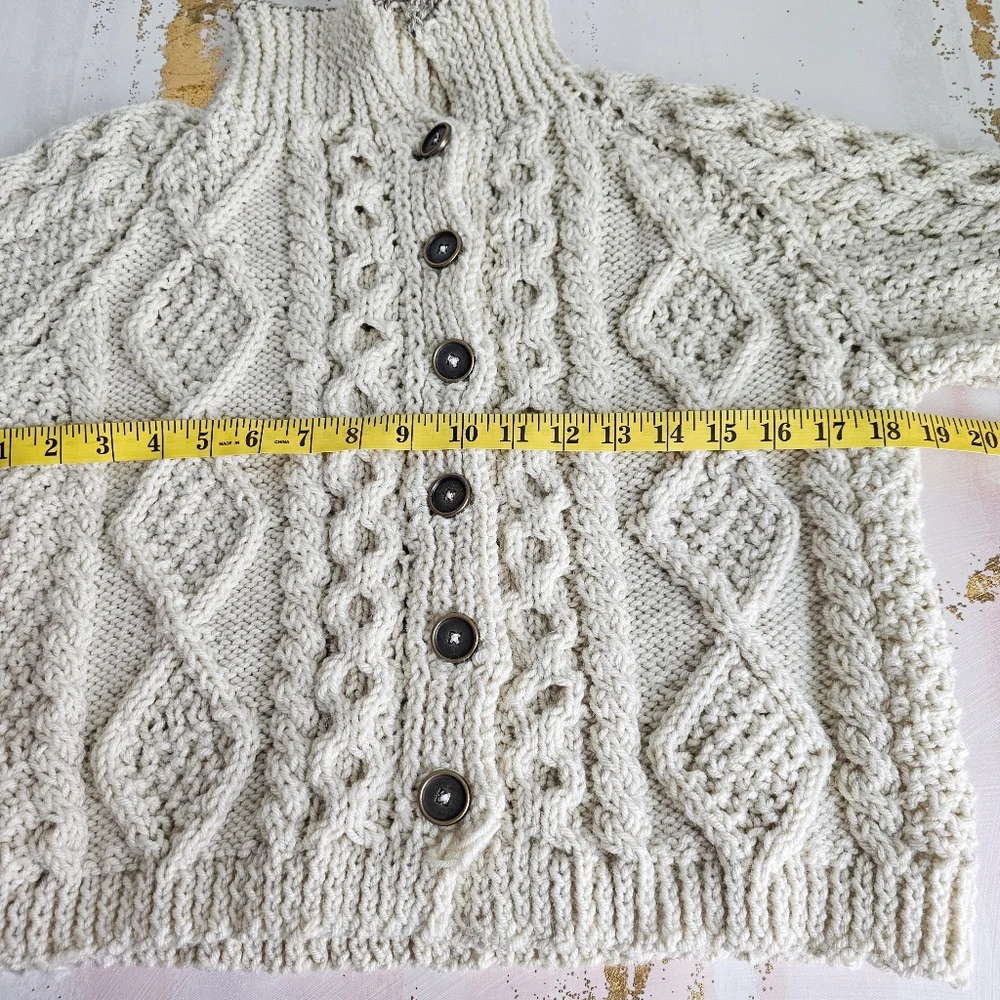 Vintage Hand Knit Cream Chunky Cardigan  Sweater Jacket Children Size Large